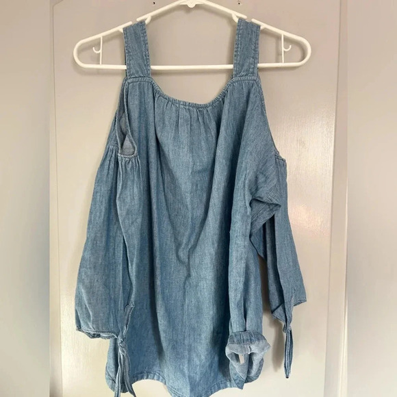 Madewell Chambray Linen Flowy Blend Cold Shoulder Top size medium - Picture 6 of 10